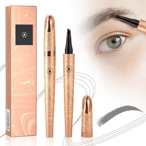 Eyebrow Pencil, 2025 New 3D Waterproof Microblading Eyebrow Pen 4 Fork Tip Tattoo Pen, Professional Eye Brow Pencil for Fast Real Fuller Eyebrows, Long Lasting, Sweatproof (Gray)