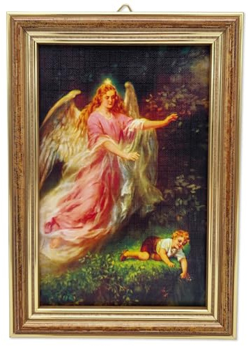 Lunexus Schutzengel Bild 12x17 cm mit Holzrahmen und Echtglas gesegnet Motiv Engel bewahrt Kind am Abgrund Wandbild religiöse Deko Taufe Geburt Kommunion Kinderzimmer Andachtsbild Geschenkidee