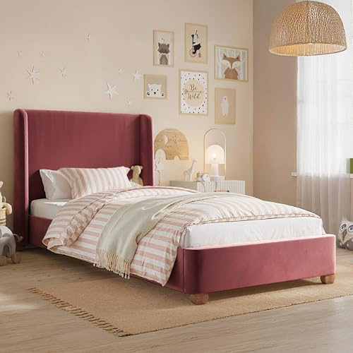 Flair Furnishings - Alma Single Bed Frame with Headboard, Luxurious Velvet Bed Frame, Single with Winged Headboard, Elegant and Refined (Pink)