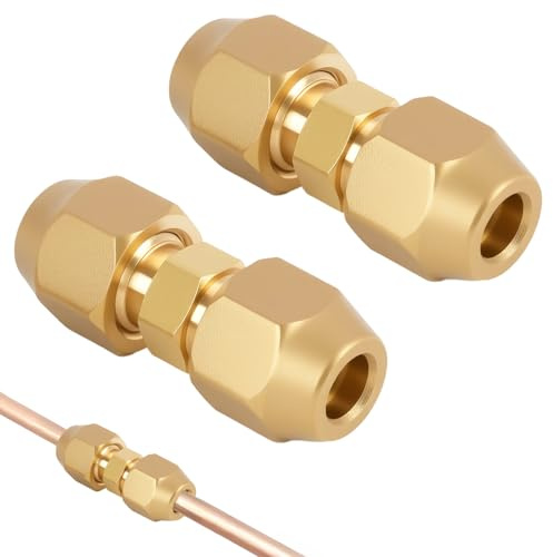 Set di 2 Accessori Climatici Doppio Nipplo per Tubo in Rame da 1/4 Pollice, Connettori Senza Saldatura in Ottone, Dadi per Tubo per Installazione Condizionatori d’Aria-Facile da installare velocemente