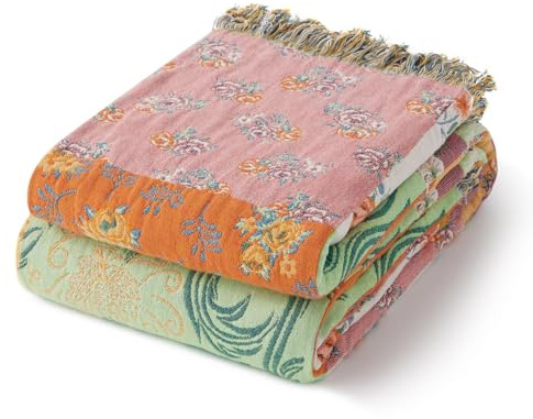 RILIHO 100% Cotton Boho Throw Blanket for Home Decor – Classic Farmhouse Quilt Bedding, Muslin Blankets for Adults, Vintage Woven Decorative Blanket for Couch, Bed Layering Use, Patchwork, 60x80