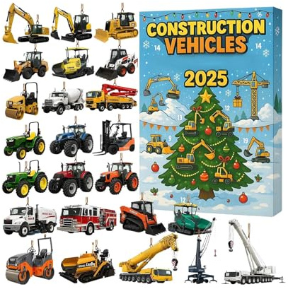 Baumaschinen Adventskalender 2025, 24 Tagen Baumaschinen Anhanger Kalender, 2D-Acryl-Flachdekoration Mit LKW, Bagger, Traktor, Für Männer Frauen Mädchen Jugendliche Ehefrau Ehemann Sohn Tochter