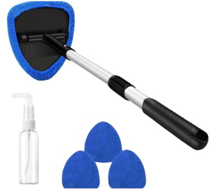 Scheibenreiniger Auto, Autoscheiben Innenreiniger mit Teleskop Griff, Autoscheiben Fensterwischer Windschutzscheiben reiniger mit 3 dicken, abreißbaren Mikrofaser Reinigungspads (1, Blue)