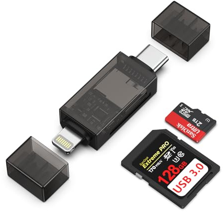 Lecteur Carte SD iPhone, 2 en 1 Lightning USB C Adaptateur SD Card Reader pour Micro SD/SD, Adaptateur iPhone Carte SD pour iPhone 17 16 15 14 13 12, i Pad, MacBook, Galaxy S24/S23, Huawei, Caméra