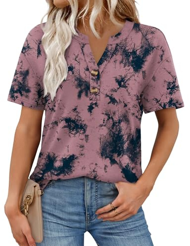 Aokosor T Shirts for Women UK Summer Tops for Women V Neck Tshirts Short Sleeve Tee Shirts Size 10-12 Pink Tie-Dye