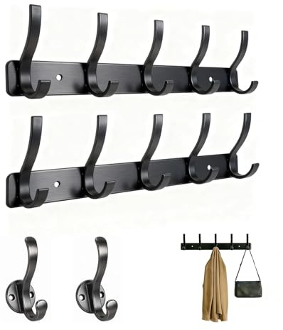 msymsyu Garderobenleiste 32cm Hakenleiste 2er mit 2 Einzeln Kleiderhaken | Alu, Wasser und Rostbeständigen, Schwarz Kleiderhaken Wand, für Flur, Schlafzimmer, Ankleidezimmer, Hüte, Schals, Bademäntel
