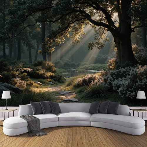 Seide Fototapete, 450x315cm Waldwege XXL Wandtapete Sonnenbäume Tapeten Wandpapier Wanddekoration für Wohnzimmer Schlafzimmer Esszimmer, Grün