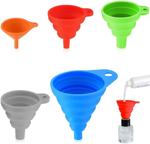 Teouuas 5 Piezas Embudo Cocina, Embudo Grande, Embudos Portátiles | Embudos Plegables de Silicona, Embudoes Plegables de Silicona, para Cocina, líquido, Aceite, Polvo (5 Colores)