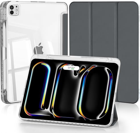 4UBonLife Custodia per iPad Pro 11 Pollici M5 2025/M4 2024 con Portapenne, Cover Retro Rigido Chiaro Trasparente, Smart Case Antiurto Anti-Ingiallimento, Grigio Siderale