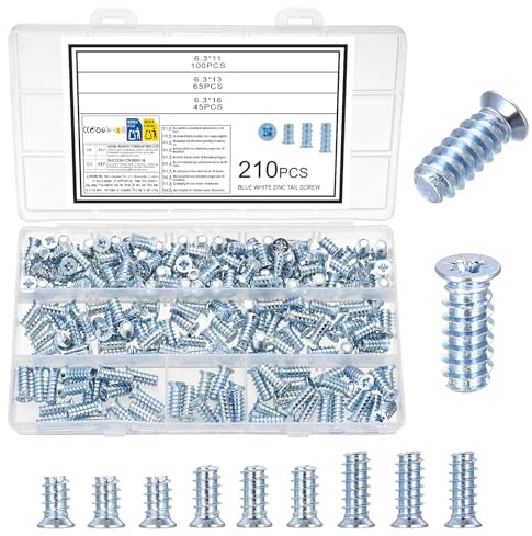 210 Pcs Tornillo Union Muebles, Tornillos Europeos para Muebles, Tornillo Euro para Mueble de Cabeza Plana Avellanados, Tornillos para Armario Cajones Gabinetes, M6,3 x 11 mm/13 mm/16 mm