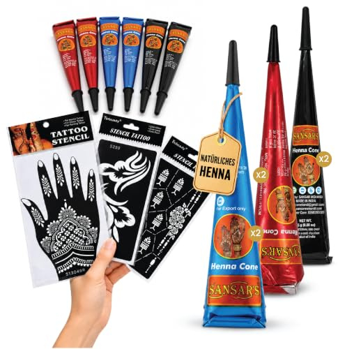 Natürliches Henna Tattoo Set mit 6 Kegeln in 3 Farben für temporäre Tattoos – Braun, Rotbraun & Schwarz, mit 10 Schablonen, feiner Spitze für präzise Muster und kreative Designs