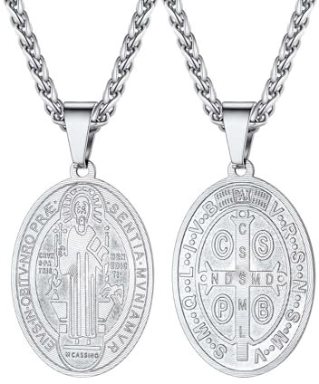U7 Saint Benedict Medal Necklace for Men Women, Stainless Steel Catholic Oval Medallion Pendant, Silver st Crucifix Religious Protection Cross Amulet Jewellery Gift for Faith Believers Christians