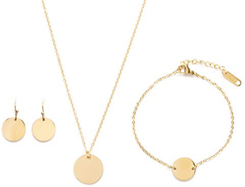Happiness Boutique Damen Schmuckset Plättchen in Goldfarbe | Kreis Kette Runde Ohrringe und Armband mit Kreis Anhänger im Zarten Design