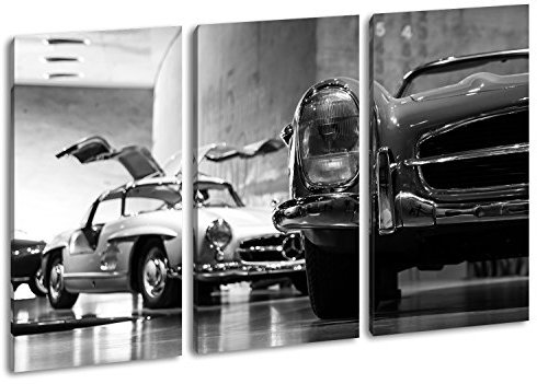 deyoli Leinwandbild Oldtimer Ausstellung – Klassiker der Straße Format: 120x80cm (3Teilig) Effekt:Schwarz&Weiß XXL Kunstdruck Bild auf Holzrahmen/Wandbild/Wohnzimmer Dekoration