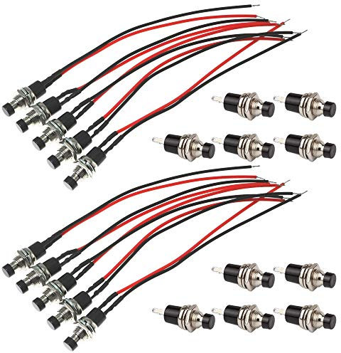 GTIWUNG 20Pcs Mini Botón Pulsador 7mm, Pre Cableado Mini Interruptor, Momentáneo de Botón 1A 250 V AC Resorte con Dos Pines SPST Normalmente Abierto, con alambres previamente soldados, Negro