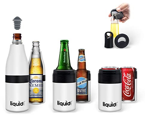 Beer Bottle Cooler With Opener and Stopper. Stainless Steel Bottle Insulator for 12oz Glass Bottles or Regular Cans. Beer Gifts. 3 in 1, 22oz Water Bottle or Beer Cover or Can Sleeve. White