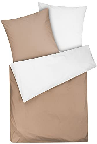 Moon Renforcé Uni Wendebettwäsche, Bettwäsche Set mit Reißverschluss aus 100% Baumwolle, ca. 135x200 / 80x80 cm (Creme/Taupe)