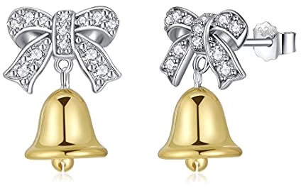 Qings 925 Sterling Silber Damen Glocke Ohrring Schleife Ohrringe Ohrstecker Exquisit Süre Ohrringe CZ 18K Goldene Glocke Ohrhänger Funkelnd Personalisiert füR Frauen Teen Tochter