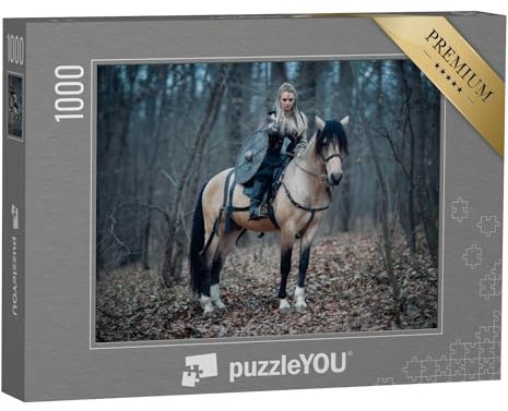 puzzleYOU: Puzzle 1000 Teile „Wikinger Kriegerin auf ihrem Pferd im dunklen Wald“ – aus der Puzzle-Kollektion Fantasy