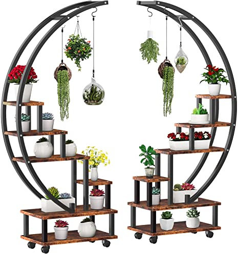 Lot de 2 supports de plantes d'intérieur en métal à 6 niveaux avec roues amovibles, support en forme de demi-lune pour l'extérieur - Supports multi-usages pour décoration d'intérieur, balcon,