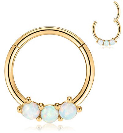 AROWRO Knorpel Daith Helix Ohrringe Creolen Daith Piercing Schmuck Nasenringe aus Chirurgenstahl 316L Septum Clicker Nasenring Weißer Opal Intarsien 16G 10mm Gold