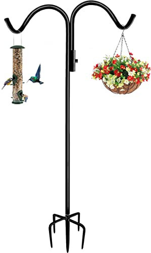 Tuohours 76 Inch Double Shepherd Hook Stand for Outdoor Birdfeeder, Adjustable Two Sided Garden Bird Feeder Pole Holder for Birdhouse Planter Solar Light Lantern, Black, 1 Pack