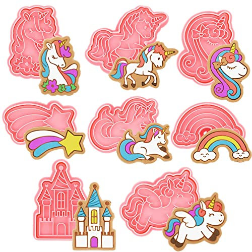 8 Stück Einhorn-Ausstechformen mit Kolben, Stempel, Set, Einhorn-Form, Prägung, Keksstempel, rosa Tier, Einhorn, Cracker-Form, 3D-Plätzchen, geprägt, Küchen-Backgeschirr, Werkzeug für Partyzubehör