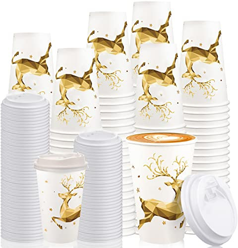 60 Stück Einweg-Weihnachtsbecher, 473 ml, goldener Elch, Pappbecher mit Deckel, Weihnachten, Einweg-Teetassen, Kakao, Kaffeetassen für heiße kalte Getränke, Winter, Urlaub, Partyzubehör