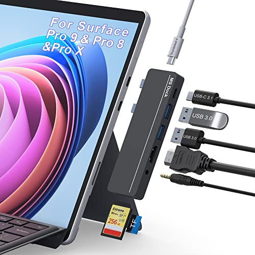 Surface Pro 9 Accessories, Surface Pro 8 Hub with 4K HDMI, 100W USB C Thunderbolt 4 (Display+40Gbps+PD), USB C, Audio, 2* USB A 3.0, TF/SD Card, Triple Display for Microsoft Surface Pro 9/8/X