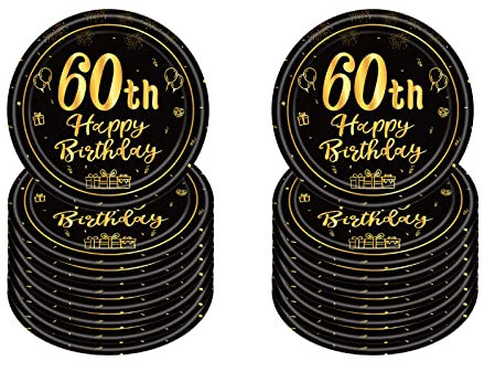 60th Birthday Paper Plates 7”Black and Gold Paper Plates,16Pcs Disposable Tableware Party Plates,Happy 60th Birthday Decorations Plates for Boys,Girls,Him,Her 60thBirthday Party Supplies Table Decor