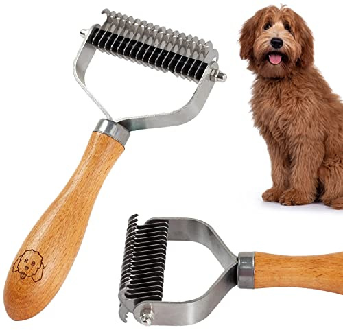 Pet Dematting Comb for Dogs and Cats with Wood Handle, Deshedding Undercoat Rake with Stainless Steel Blades, Pet Comb for Detangling Thinning and Shedding, All Hair Types [We Love Doodles]