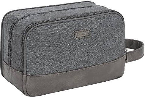 WANDF Travel Toiletry Bag for Men Hanging Dopp Kit Canvas Toiletry Organizer Water-Resistant Vegan Leather Shaving Bag for Toiletries Accessories (Grey)