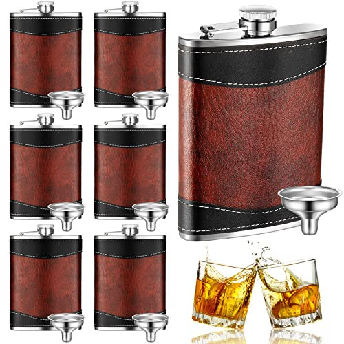 Rtteri 6 Set 8 oz Leather Hip Flasks for Liquor for Men Leak Proof Stainless Steel Drinking Flasks with Funnel Soft Wrap Whiskey Vessels for Wedding Bridesmaid Christmas Gifts (Brown)