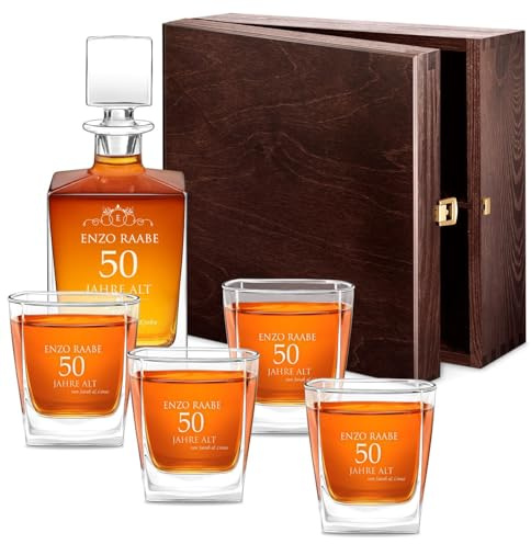 Maverton Whiskey Dekanter 810 ml + 4 / 6er Whisky Gläser Set mit Gravur - personalisiertes Whisky Karaffe Set für Männer - Glas Karaffe mit Gläsern für Whiskygenießer - Jubliläum