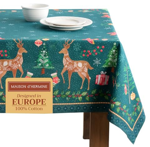 Maison d' Hermine Hygge Christmas 100% Baumwolle Tischdecke für Küche | Abendessen | Tischplatte | Dekoration Parteien | Hochzeiten | Erntedankfest/Weihnachten (140cm x 180cm)