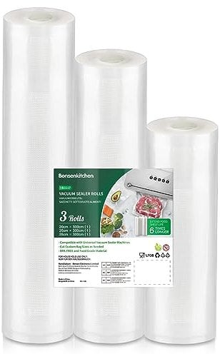 Bonsenkitchen Sacs Sous Vide Alimentaire, 3 Rouleaux 20|25|28x300cm Sacs Sous Vide, pour Machines de Mise Sous Vide et Cuisson Sous Vide, Sans BPA, VB3217