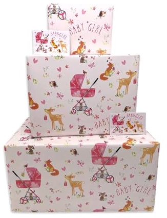 Twizler Geschenkpapier für Mädchen – Rosa Waldtiere – 6 Bögen & 6 Anhänger – 70 cm x 50 cm gefaltete Blätter – Babyparty-Geschenkpapier