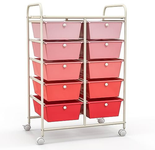 KOMFOTTEU Rollwagen mit 10/15 Schubladen stapelbar, Badrollwagen Rollcontainer mit Metallrahmen, Allzweckwagen Haushaltswagen Beistellwagen für Bad & Küche (Rosa,10 Schubladen)