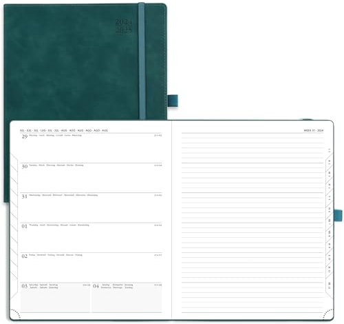 POPRUN Kalender 2025 Buchkalender A4 Notizbuch (Aug.2024-Dez.2025), ca. A4 (26,5 x 21,5 cm), Terminplaner, Wochenplaner 2025 Softcover mit PU-Leder, Zertifiziertem Papier - Petrolgrün