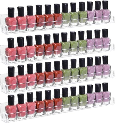 SuoXing 4 Pack Clear Acrylic Organizer Rack, Wall Mounted Nail Polish Display for 48 Bottles, Organizer for Nail Supplies