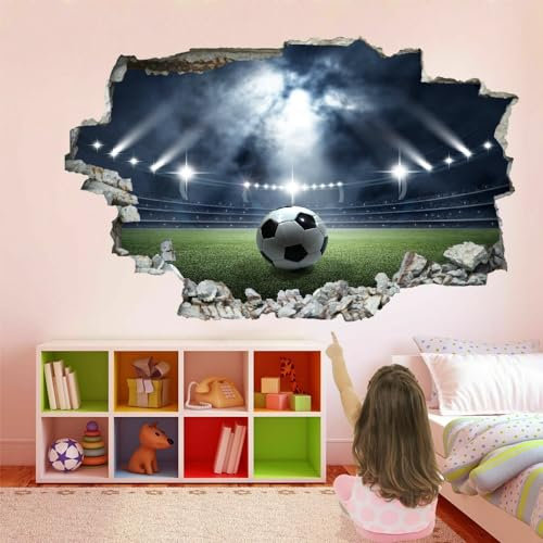Wandsticker 3D Durchbruch Fußballfeld Wandtattoo kinderzimmer Deko Sport Wand Aufkleber Selbstklebend Wandbild für Junge Mädchen Teenager Zimmer Wohnzimmer Schlafzimmer 75x50cm