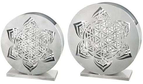 GILDE 2er Set Windlichter Mandala aus Metall - silberfarben - antikfinish - Lebensblumenmotiv - Kerzenleuchter