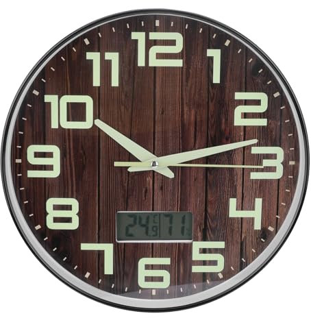 YUNYODA Leuchtende Wanduhr, 12 Zoll Geräuschlos Holz Runde Wanduhren Ohne Tickgeräusche, Batteriebetrieben Quartz Wanduhr (Ohne Akku) Dekoration Wanduhr Vintage für Wohnzimmer Schlafzimmer