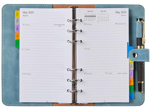 Kalender 2025 Wochenplaner Personal A6 Nachfüllbar, 1 Woche 2 Seite Organizer mit Tabs, Stiftschlaufe, Tasche, Softcover Taschenkalender 2025 Klein, Buchkalender Planer Ringbuch, Jan.25-Dez.25