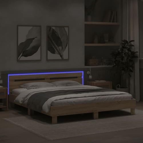 Faroom Holzbett Futonbett Bett 160 x 200 cm mit LED-Beleuchtung,Lattenrost & Kopfteil, Bettrahmen Holzwerkstoff Einzelbett Doppelbett Bettgestell Sonoma-Eiche