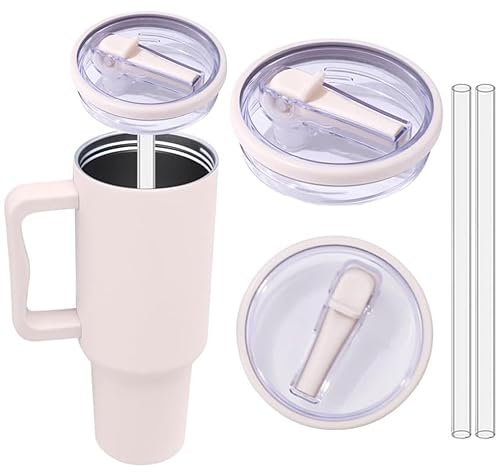 Ersatzdeckel Für Stanley Becher 40oz, Für Stanley Cup Zubehör Ersatzdeckel Deckel, 2 Stück Wiederverwendbarer Auslaufsichere Staubdichte Tumbler Becher it Strohhalm Deckel (Beige)
