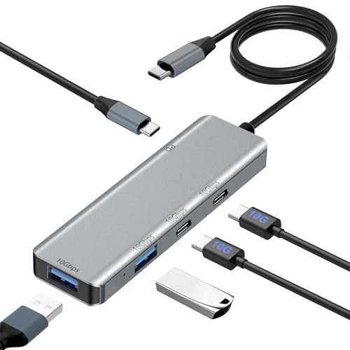 USB C Hub 3.2 - 10Gbps Data Transfer, 4 Port Extender With 100W PD, 2 USB A + 2 C Ports for Mouse, Keyboard, U Disk, Printer, USB-C Devices - Aluminum Alloy, 0.6m Cable