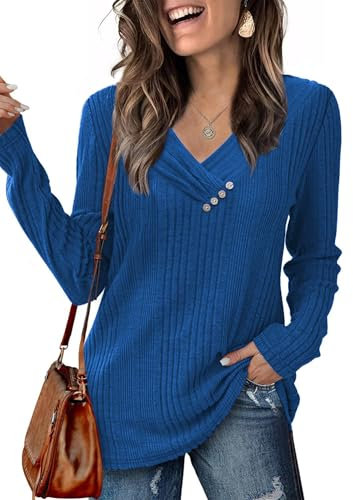 Famulily Ladies Casual Long Sleeve V Neck Tunic Tops Loose Pleated Button Jumpers Autumn Knitted Pullover for Women UK Blue L