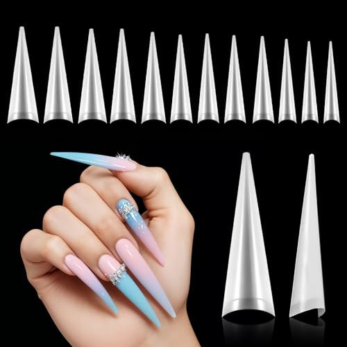 Sibba 504 Pcs Stiletto Nail Tips Acrylic Nails Long Clear False Nails XL False Nails Tips Soft Traceless Half Cover Tapered Square for Nail Extension Nail Art Home DIY Nail Salon 10 Sizes