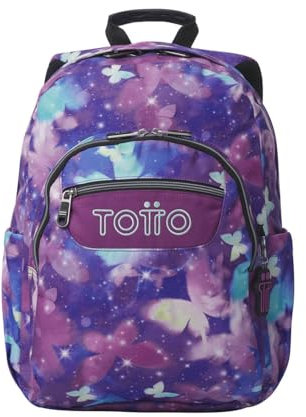 TOTTO - Mochila Escolar Adaptable a Carro, Modelo Acuareles, Capacidad 20 L, Bolsillo Pc 14, 2 Bolsillo Botella, Espaldar Ergonómico con Flujo de Aire, Correas en S, Estampado Star Butterfly Glitter